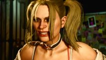 Gotham Knights story - Harley Quinn grimaces angrily through her long blonde bangs