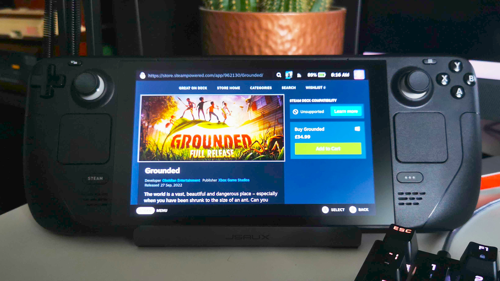 Grounded system requirements: game page with art on the Steam Deck screen