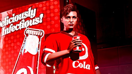 GTA Online weekly update September 8 - a lady with sideswept hair leans against an eCola machine wearing a large eCola jersey and holding a can of eCola.