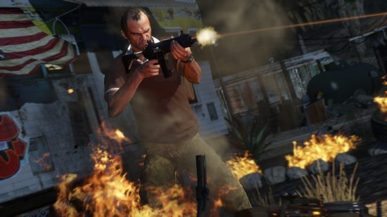GTA 6 leak will not affect development says Rockstar: Trevor from GTA 5 fires an assault rifle
