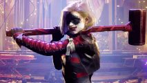 Harley Quinn in Gotham Knights isn't a "manic pixie": Woman with short blond hair has white and black facepaint, and hoists a large colourful circus hammer over her shoulder