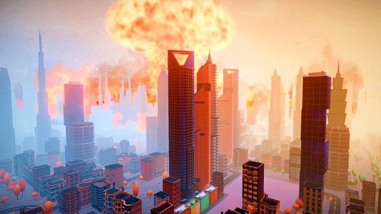 Heart of the Machine - a mushroom cloud billows behind several skyscrapers in a high-rise cityscape