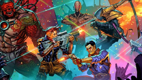 Homicidal All-Stars is a Running Man strategy game: two heroes flanked by minibosses on an '80s-isnpired piece of key art