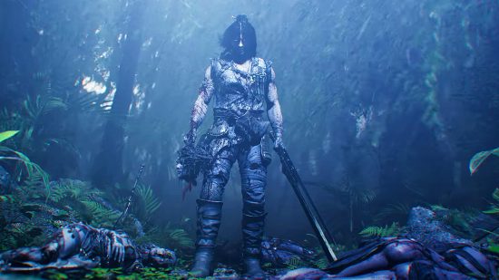 Horror game by KRAFTON is The Bird that Drinks Tears on steroids: A barbarian man in tattered clothing stands in a forest with dead creatures on the floor around him holding a sword and a woman's severed head