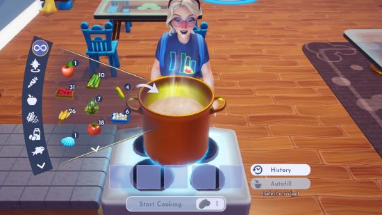 Как да готвите в Disney Dreamlight Valley: Героят на играча стои над печката, със списък със съставки, които се появяват отстрани