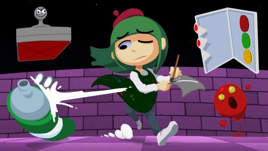 Indie games mixtape: In Olive's Art Adventure, a green-haired girl in a beret and painter's smock runs through a labyrinth pursued by a menacing rubber stamp