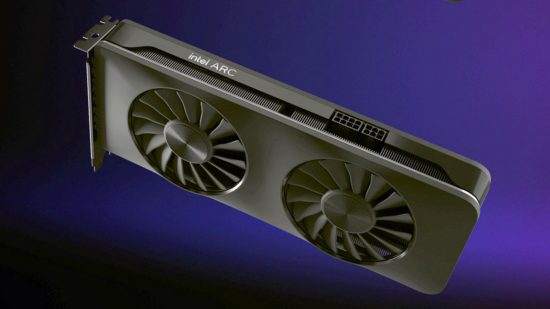 Intel Arc GPU: graphics card on blue backdrop