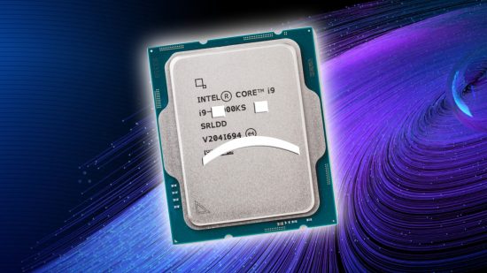 Intel Raptor Lake: CPU with sad text face and blue and purple backdrop