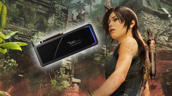 Shadow of the Tomb Raider art with Lara standing next to Intel Arc GPU