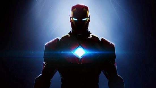 Iron Man game annouced: Iron man is seen cast in shadow and lit from behind, with his eyes and the energy cell on his chest glowing blue