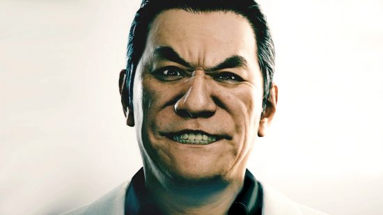 Judgment PC mod - Kyohei Hamura, a sneering yakuza captain with slick hair and bushy eyebrows in a white suit, as portrayed with the likeness of original actor Pierre Taki