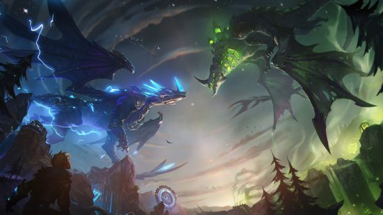 League of Legends Chemtech dragon is back again, and its not broken (maybe): Two dragons, one green and one blue with spikes, face off against one another over a chasm as the sun sets