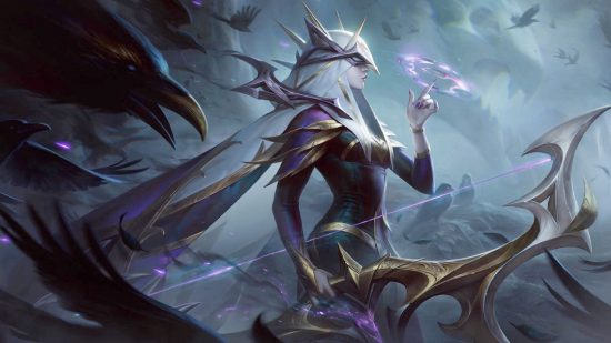 League of Legends patch 12.18 preview: Ashe ADC is back: an archer wearing a crown faces the right of the screen, making a pointing gesture with her hand