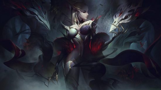 League of Legends preseason 2023 adds new pings, item changes: A white haired woman with claws surrounded by a black mist and two crow-like creatures
