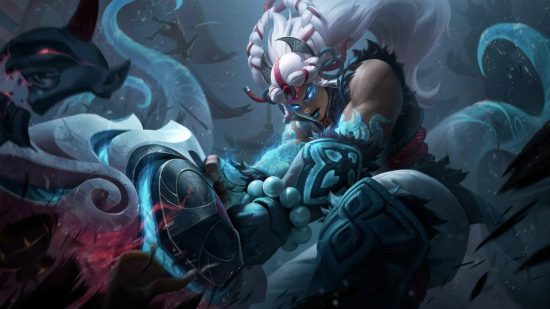 League of Legends 2022 Preseason Changes Top Lane, Adds New Marks: A white-haired woman of color smashes a huge Aztec-style rock into the ground while her eyes and traditional tattoos glow blue