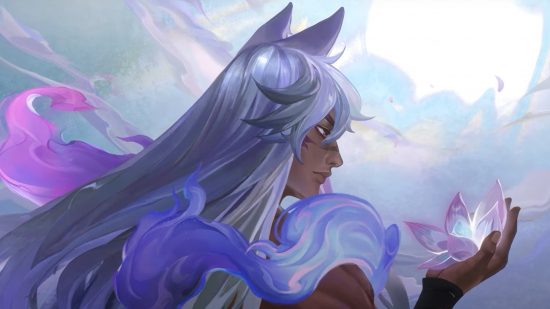 League of Legends Spirit Blossom: Sett is shown with pearly white hair, holding a lotus blossom and wearing a plume of purple swirling smoke over his chest