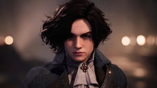 Lies of P's Bloodborne comparison: Pinocchio staring at the camera, with mid-length, wavy black hair and blue eyes