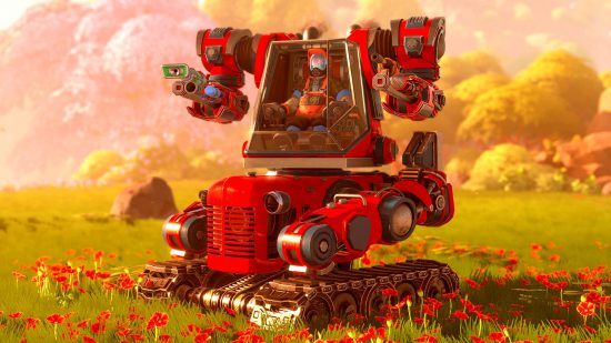 Lightyear Frontier isn't a Stardew Valley clone: a view of the tank-like mech you control, stationary on a verdant field