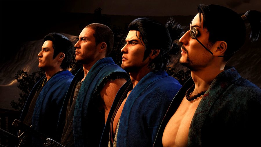 Like a Dragon: Ishin - four men in blue robes sit side-by-side