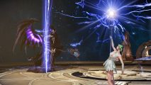 Lost Ark September update: A woman wearing a toga summons lightning to strike a dragon