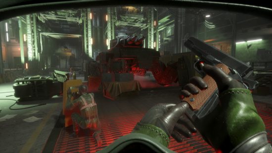 Marauders early access release date: Through a visor, a players hands can be seen reloading a vintage 1911 pistol on a space station