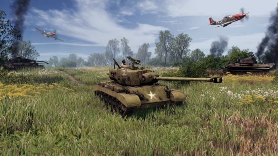 WW2 RTS Men of War 2 delayed: An M26 Pershing tank in a grassy field of wildflowers, with a fighter plane in the sky in the background