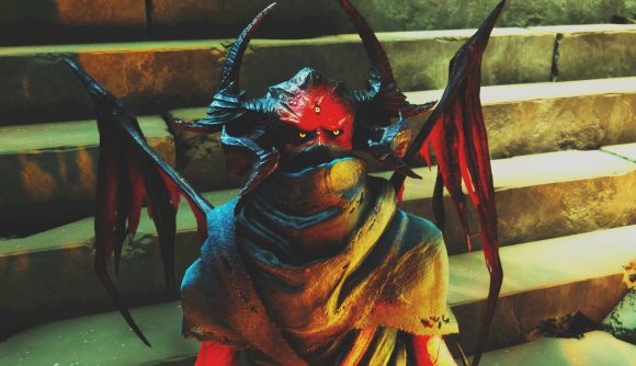 Metal Hellsinger mod lets you pop heads to Sweet Home Alabama: Female demon with red sin and black horns and bat wings looks up at the camera with three eyes