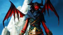 Metal Hellsinger mods will let you add your own music: Female red demon with horns and tattered bat wings wearing a blue cloak and armor stands with a rock in the background