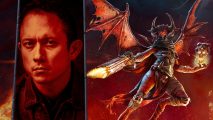 Trivium Matt Heafy says metal needs to be in video games: Man with black hair in red light next to demon with large wings flying and shooting