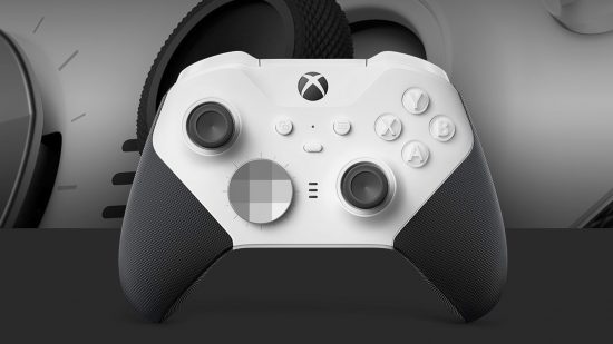Xbox Elite Series 2 Core controller with white face and themed backdrop