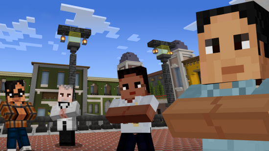 Minecraft Map Hispanic Heritage . This image shows four Minecraft characters in front of a city.