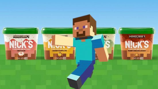 Minecraft ice cream is real so this image has Steve in front of four tubs.