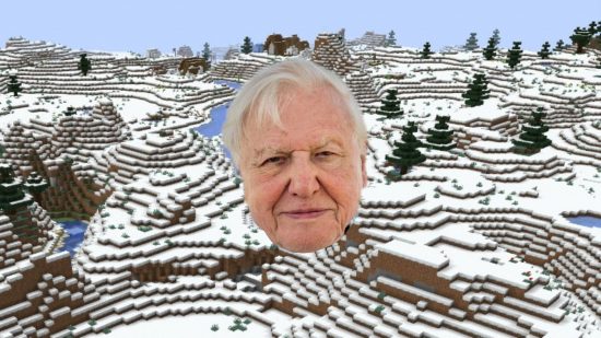 Minecraft map Frozen planet 2. This image shows a frozen area with a giant floating David Attenborough head.
