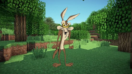 Minecraft Mod Youtuber has created a plethora of silly things. This image shows Wil E Coyote in front of a Minecraft forest.