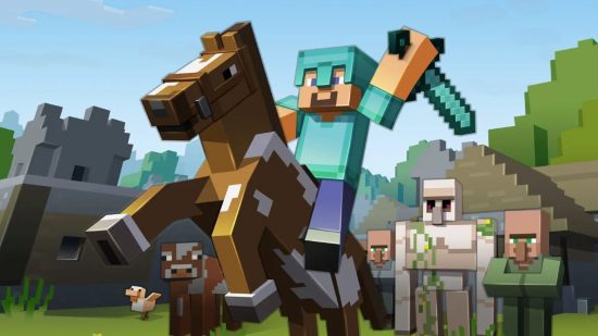 Minecraft mod for better stats. This image shows Steve on a horse in front of a villager and Iron Golem.