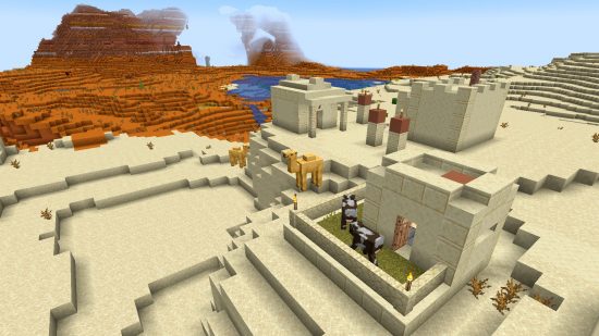 Meilleures graines de Minecraft 1.20 : un village désertique avec des chameaux et des badlands à l'horizon