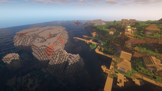 Minecraft Seeds Coastal village : un village près des ruines de l'océan et un portail en ruine