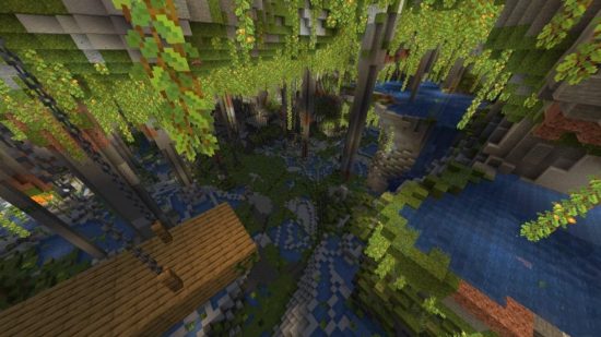 Meilleures graines Minecraft: une graine de grotte luxuriante Minecraft avec des flaques d'eau et un puits de mine