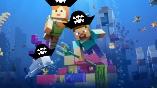 Minecraft ship. This image shows Steve and Alex swimming while wearing pirate hats.