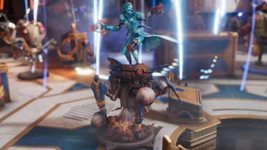 Moonbreaker turns classic tabletop games into virtual turn-based chaos: A blue figurine of a man with two guns laughing stands on a grid-like board