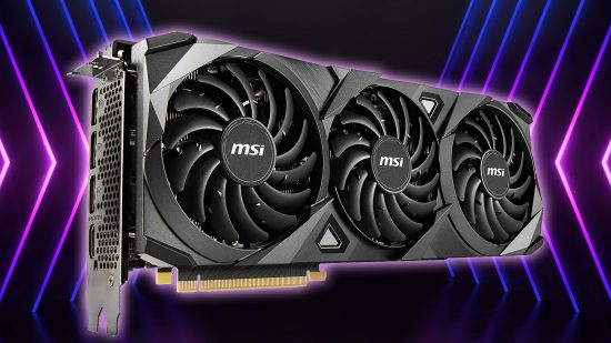 Nvidia MSI RTX 3090 graphics card on blue and pink neon backdrop