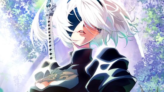 NieR Automata anime Ver1.1a - 2B, a white-haired android with a black strip of fabric across her eyes and a white-handled sword on her back