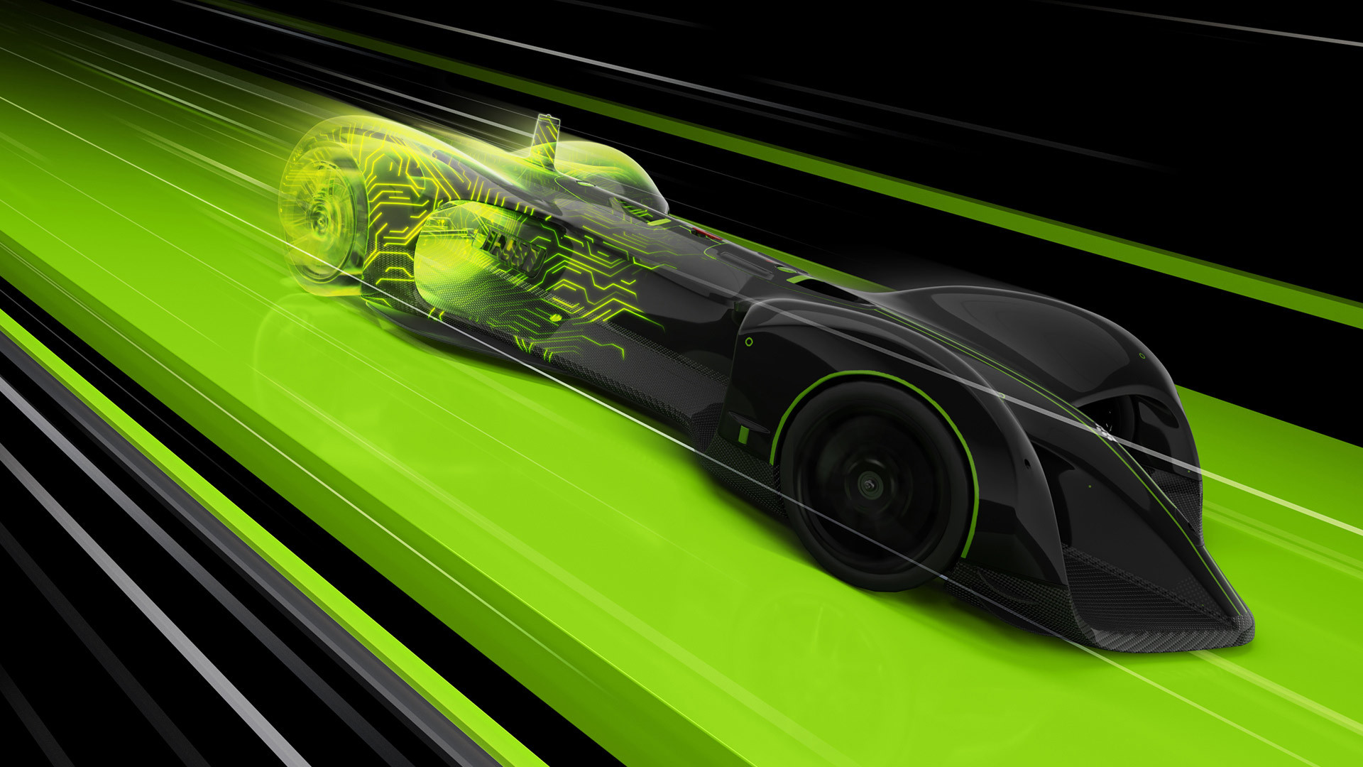 Una ilustración de Nvidia DLSS, reconstruyendo un auto de carrera negro y verde