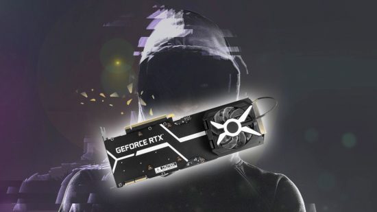 RTX 4000: Galax promotional image of hooded man with RTX 3090 SC card Infront