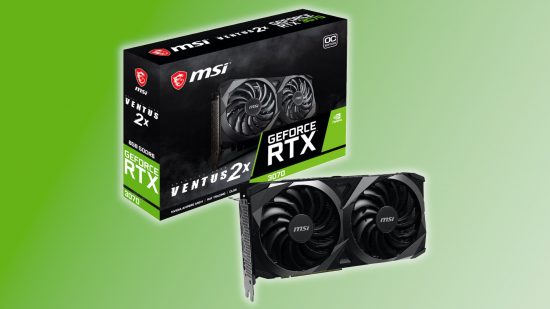 An MSI Ventus 2X Nvidia GeForce RTX 3070 graphics card against a green-white background