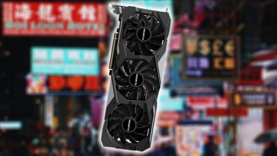 RTX 4000: Gigabyte RTX 4090 GPU with blurred Hong Kong backdrop