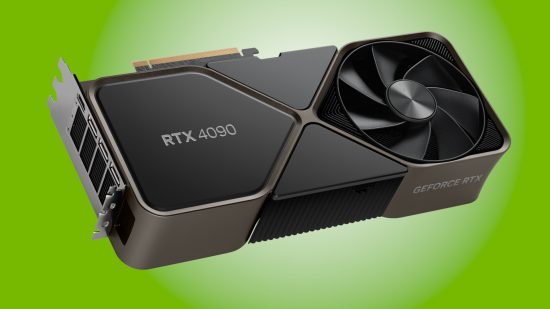 The Nvidia GeForce RTX 4000 series flagship, the RTX 4090, against a white-green background