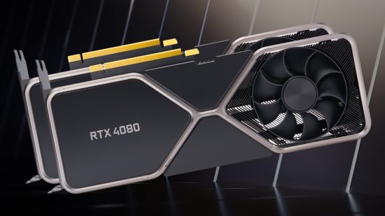 RTX 4080: Two graphics card stacked up with Nvidia GeForce backdrop