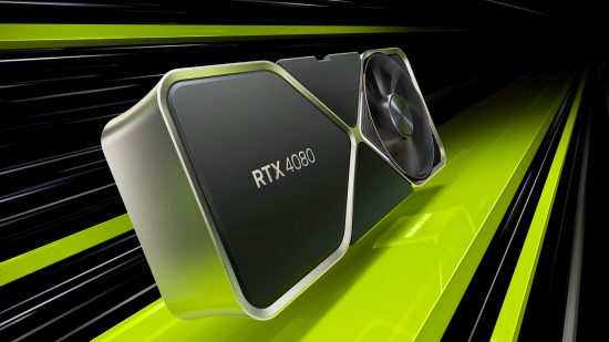 Nvidia RTX 4080 GPU with green backdrop