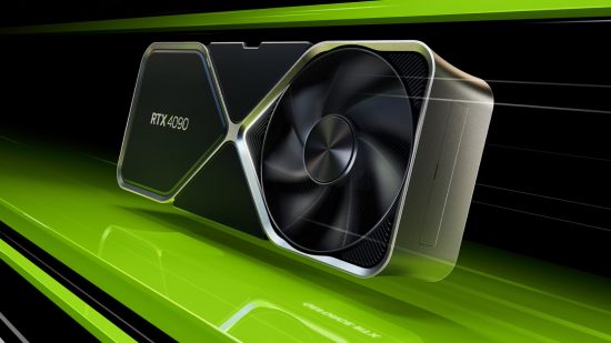 The Nvidia RTX 4090 flying in a void, surrounded by streaks of green